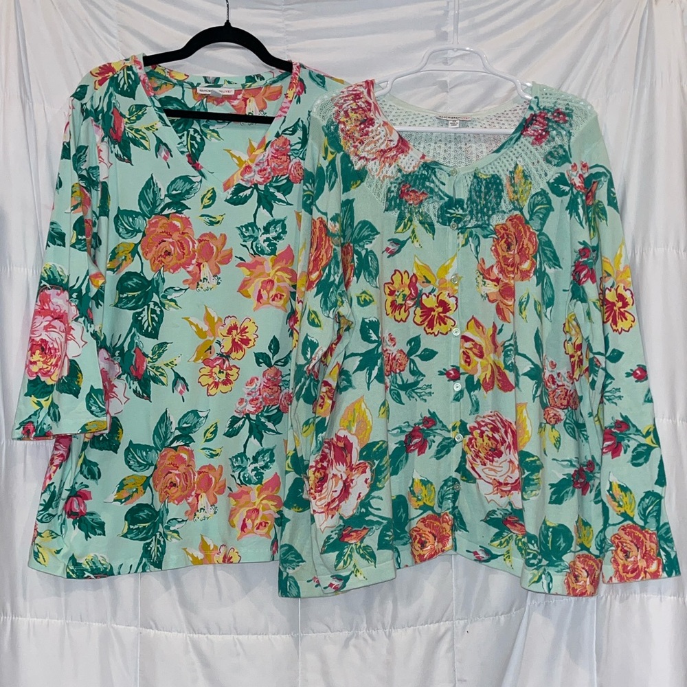 Isaac Mizrahi Floral Twin Set Cardigan and Long Sleeve Top Aqua Florals 2X